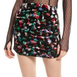Open Edit Brushstroke Print Ruched Velour Mini Skirt